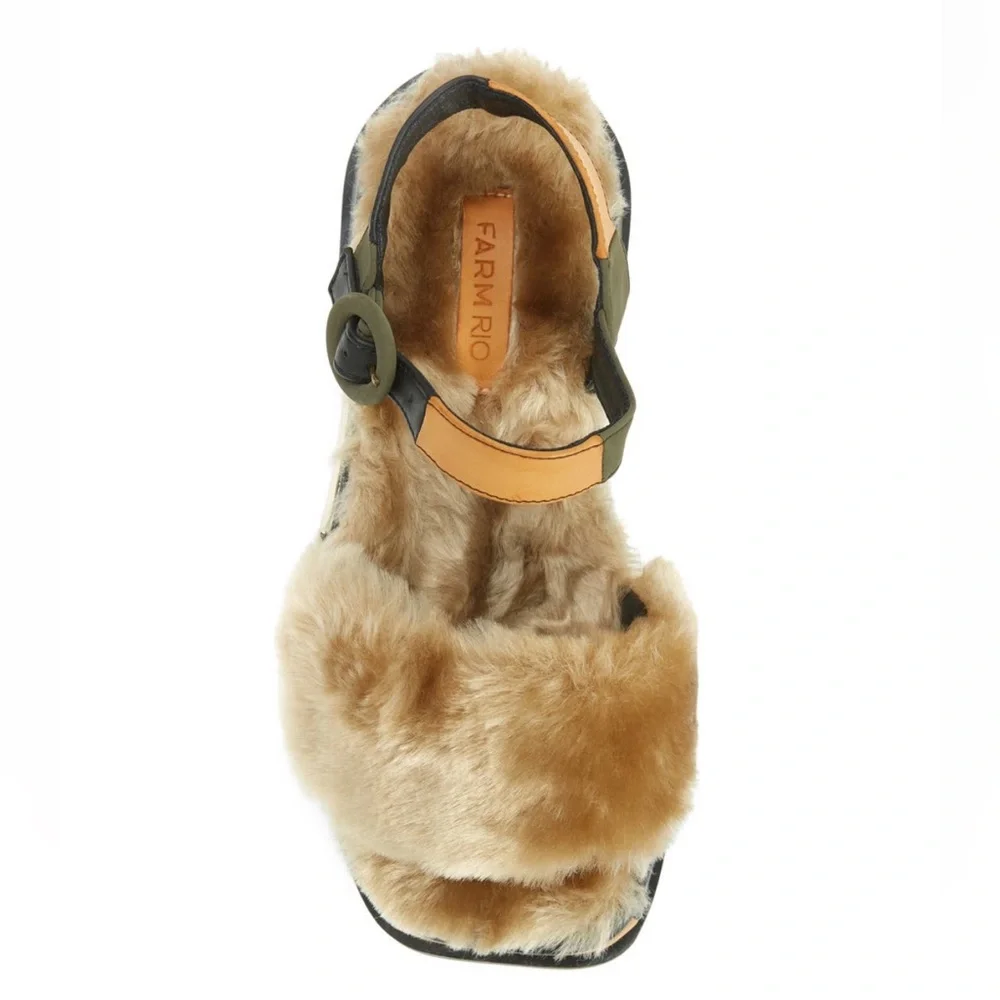 Farm Rio Khaki Patchwork Faux Fur Platform Sandal - Picture 9 of 12